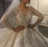 White V Neck Long Sleeves Beading Wedding Dress Ball Gown OS3925 - Wedding & Bridal Party Dresses $1,399.99