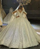 White V Neck Long Sleeves Full Beading Wedding Dress OS3943 - Wedding & Bridal Party Dresses $1,599.99