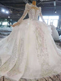 Ball Gown Tulle Appliques Long Sleeve Wedding Dress With Train OSA0816