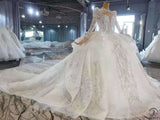 Ball Gown Tulle Appliques Long Sleeve Wedding Dress With Train OSA0816 - White Wedding Dresses $899.99