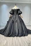 Black Luxury Long Trail Flower Wedding Dress OSY006