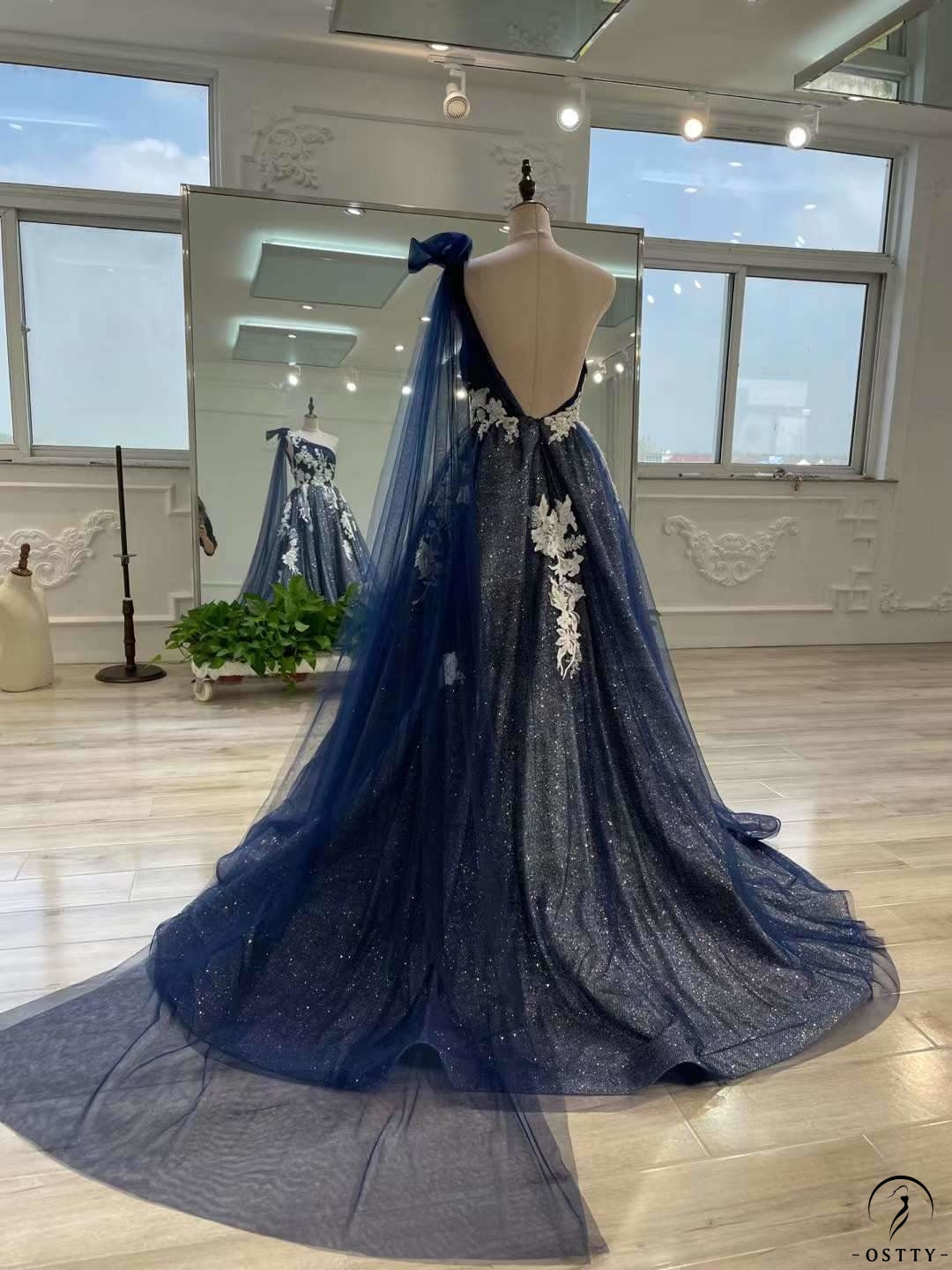 Blue A line One Shoulder Party Dress Prom Dress OS0107 - Prom Dress $499.99