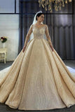 Champagne Ball Gown Tulle Appliques Short Sleeve Wedding Dress With Train OST0520