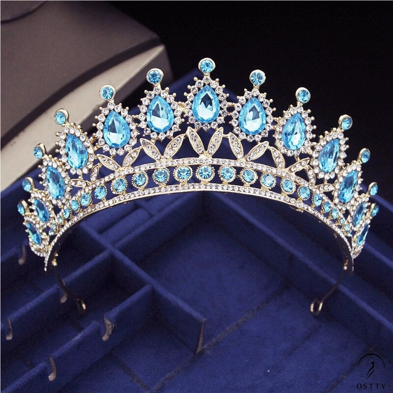 Crystal Headbands Queen Tiaras and Crowns Bridal Wedding Jewelry - Gold Full Light Blue - $29.99