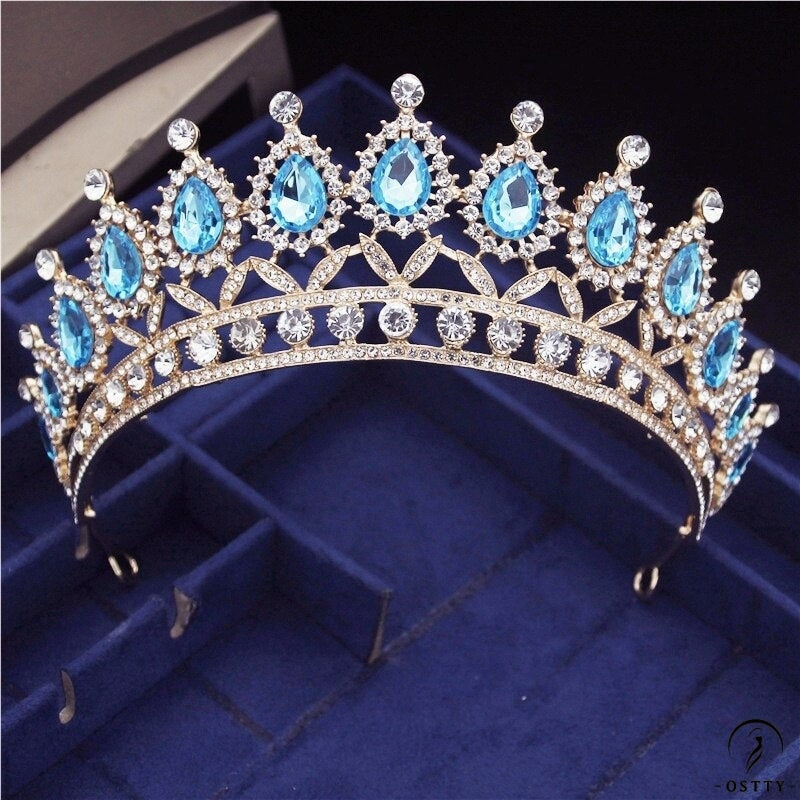 Crystal Headbands Queen Tiaras and Crowns Bridal Wedding Jewelry - Gold Light Blue - $29.99