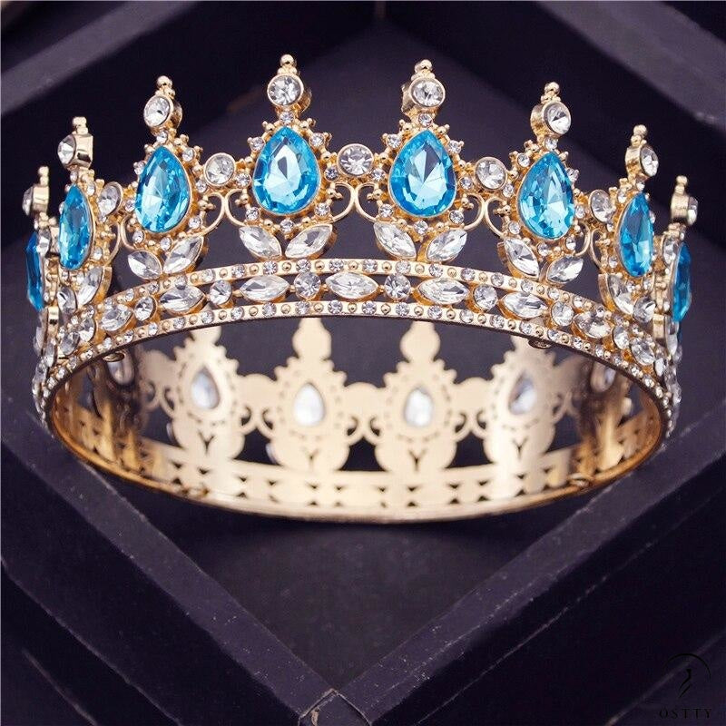 Crystal Vintage Royal Queen Tiaras and Crowns Wedding Jewelry Accessories - Gold Light Blue2 - $31.98