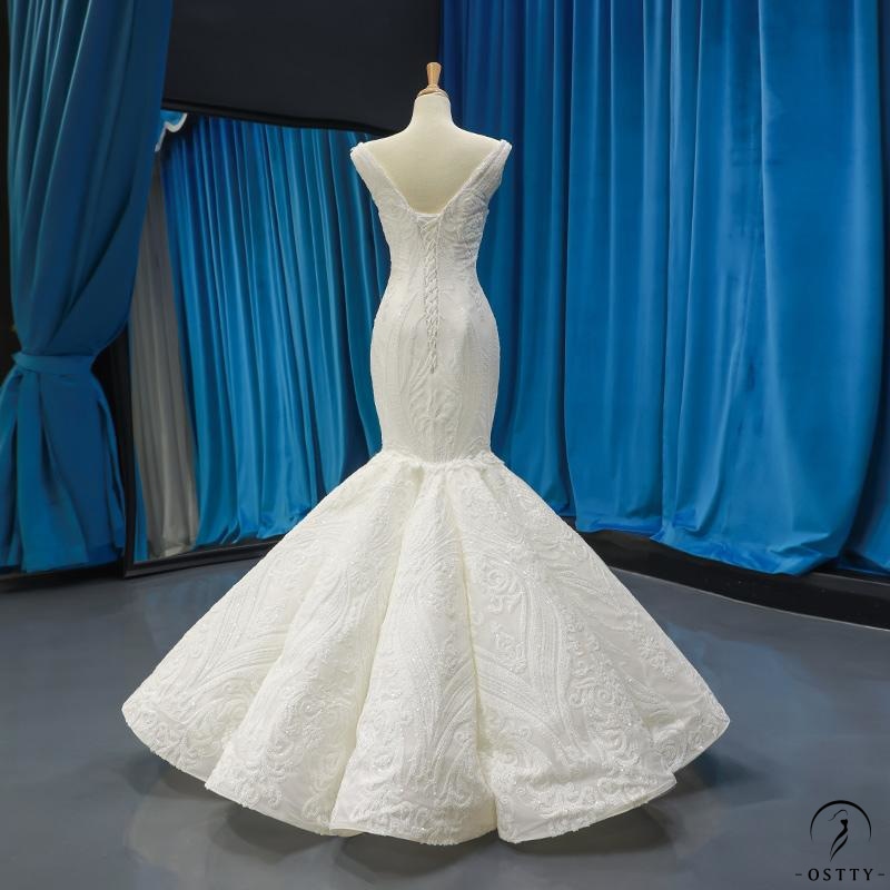 Korean-Style off-Shoulder Bridal Waist Slimming Fishtail Wedding Dress Simple Sequined Floor-Length Dress - White / Customized Service - 