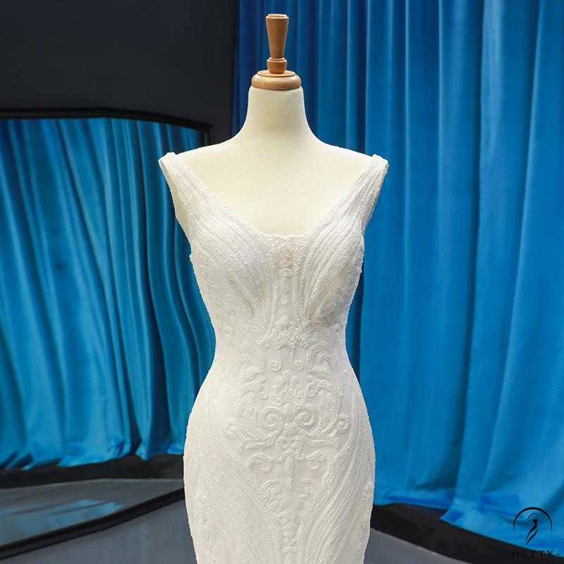 Korean-Style off-Shoulder Bridal Waist Slimming Fishtail Wedding Dress Simple Sequined Floor-Length Dress - White / Customized Service - 