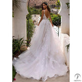 Long Boho A-Line Backless Wedding Dress 3D Flowers Spaghetti Straps Bride Dresses - $292.50