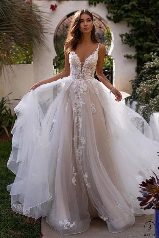 Long Boho A-Line Backless Wedding Dress 3D Flowers Spaghetti Straps Bride Dresses - Wedding Dresses $292.50
