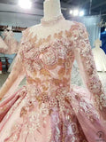 Pink Long Sleeve Embroidery Simple Luxury Long Tailling Wedding Dress 0001 - Party Dress $499.99