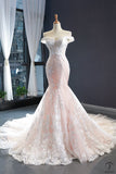 Low Skin Color Bridal Slimming Fishtail Wedding Dress Sweet Korean Style Lace Small Trailing off Shoulder Dress - White with skin color 
