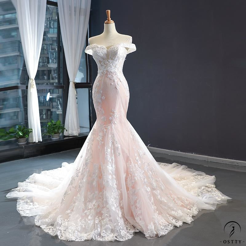 Low Skin Color Bridal Slimming Fishtail Wedding Dress Sweet Korean Style Lace Small Trailing off Shoulder Dress - White with skin color 