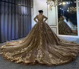 Luxury Brown Long Sleeves Beading Appliques Wedding Dress OS4026 - Wedding & Bridal Party Dresses $2,399.99