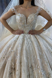Luxury Champagne Wedding Dress Long Sleeve Hign Neck Full Beading Ball Gown OS3977