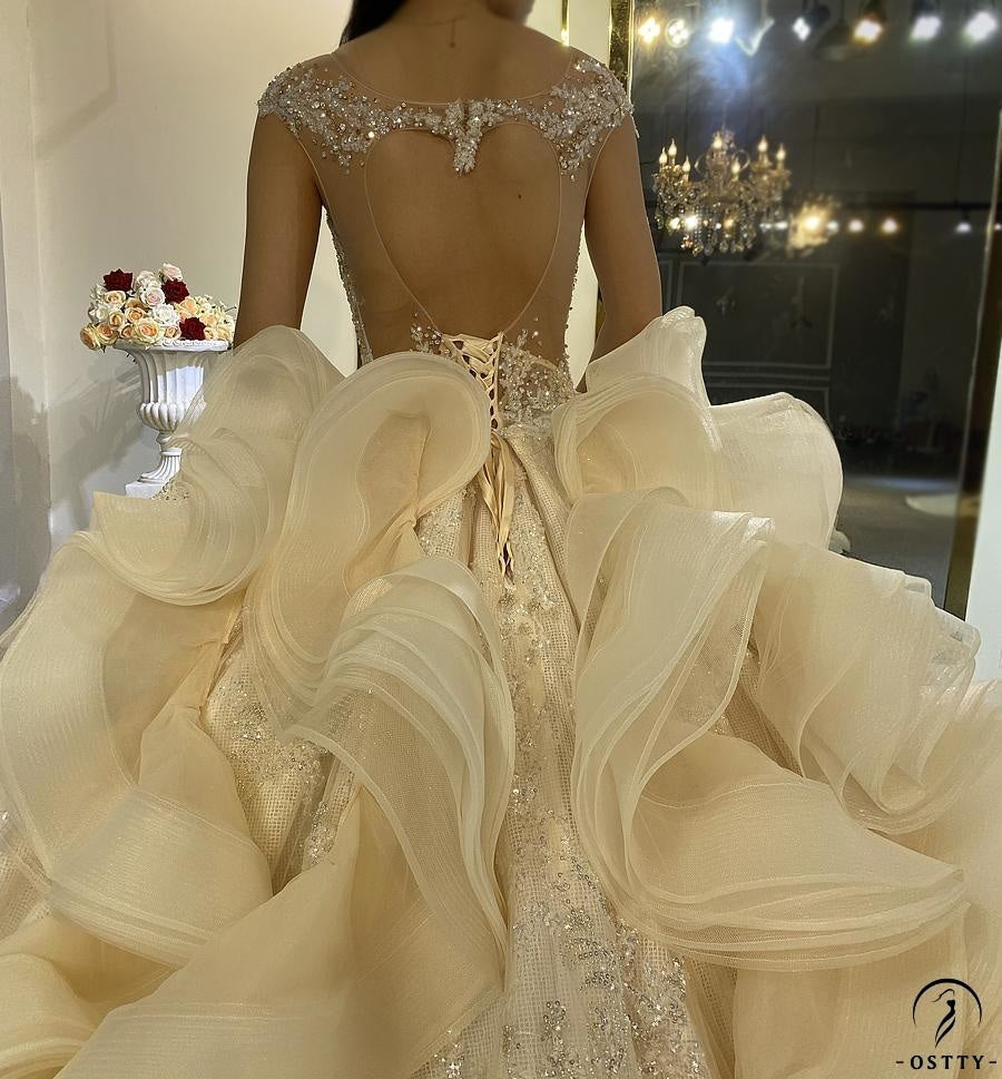 Luxury Champagne Wedding Dress Long Sleeve Hign Neck Full Beading Ball Gown OS3977 - Luxury wedding dress $1,699.99