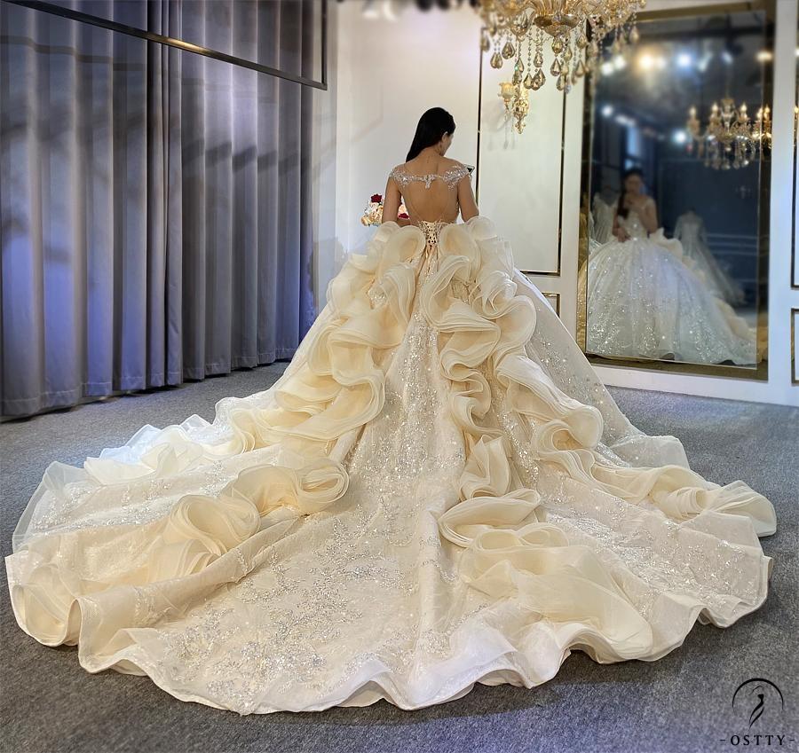 Luxury Champagne Wedding Dress Long Sleeve Hign Neck Full Beading Ball Gown OS3977 - Luxury wedding dress $1,699.99