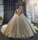 Luxury Champagne Wedding Dress Long Sleeve Hign Neck Full Beading Ball Gown OS3977 - US2 - Luxury wedding dress $1,699.99