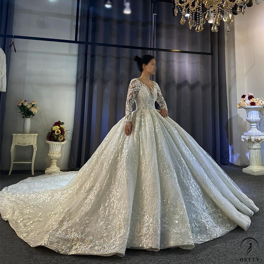 Luxury Embroidered Long Sleeve V Neck Wedding Dresses OS3956 - Wedding & Bridal Party Dresses $1,699.99