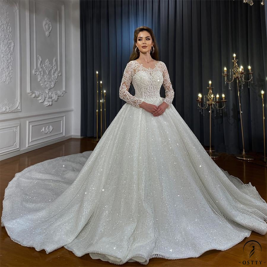 Luxury Embroidered V Neck Long Sleeves Wedding Dresses OS02201 - Wedding & Bridal Party Dresses $1,399.99