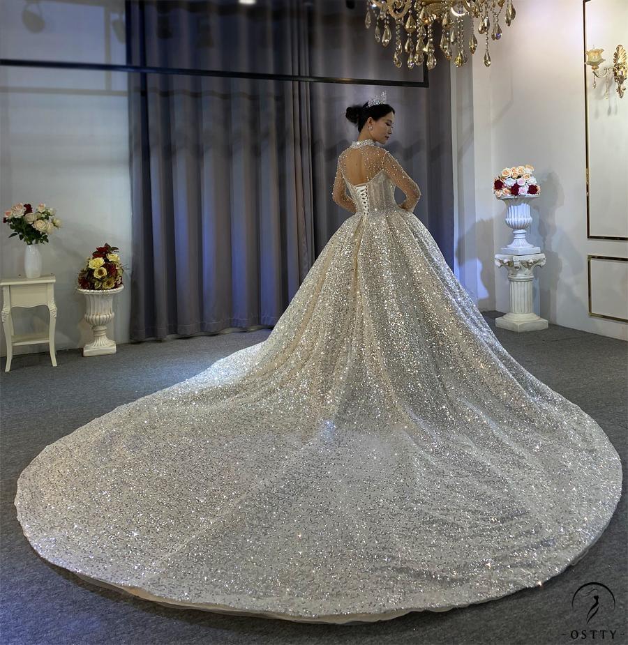 Luxury Gold Wedding Dress Long Sleeve Hign Neck Full Beading Ball Gown - $1,572