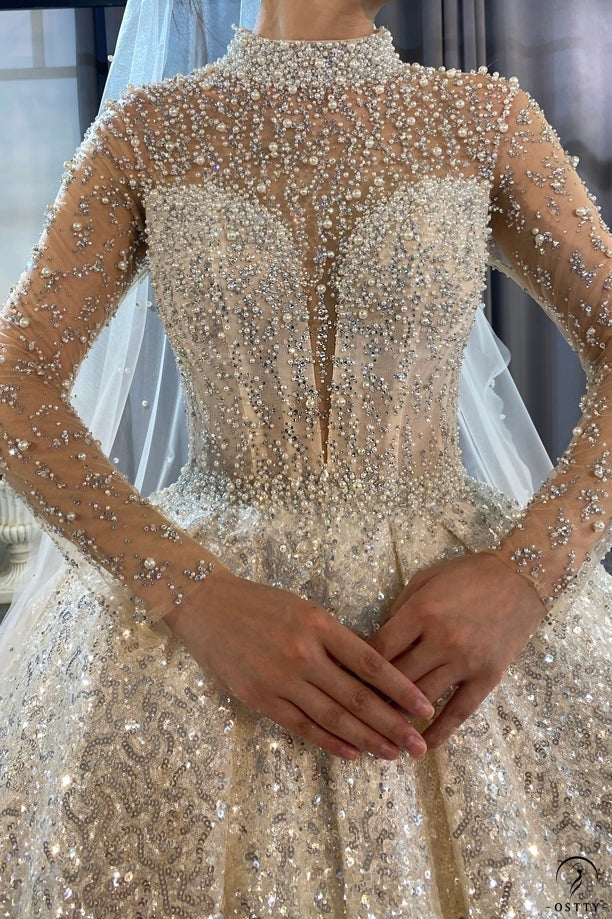 Luxury Gold Wedding Dress Long Sleeve Hign Neck Full Beading Ball Gown - Luxury wedding dress $1,572