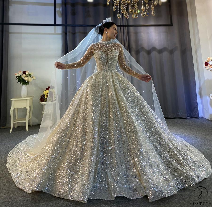 Luxury Gold Wedding Dress Long Sleeve Hign Neck Full Beading Ball Gown - $1,572