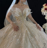 Luxury Gold Wedding Dress Long Sleeve V Neck Full Beading Ball Gown - $1,139