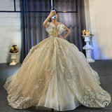 Luxury Gold Wedding Dress Long Sleeve V Neck Full Beading Ball Gown