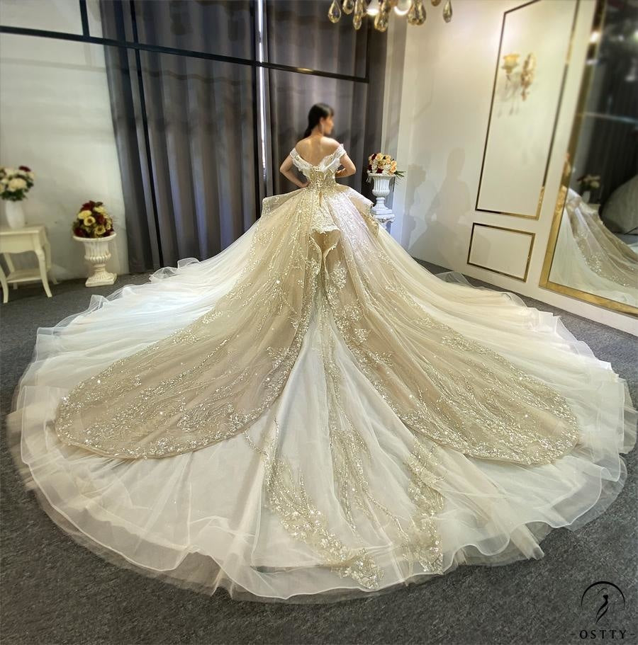 Luxury Gold Wedding Dress Long Sleeve V Neck Full Beading Ball Gown - $1,139