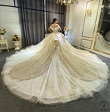 Luxury Gold Wedding Dress Long Sleeve V Neck Full Beading Ball Gown - $1,139