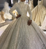 Luxury High Neck Long Sleeves Full Beading Crystals Wedding Dress OS3907