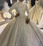 Luxury High Neck Long Sleeves Full Beading Crystals Wedding Dress OS3907 - Wedding & Bridal Party Dresses $1,109.99
