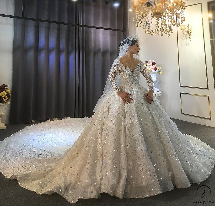 Luxury Long Sleeves Beading Flower V Neck Wedding Dress OS3928 - $2,399.99