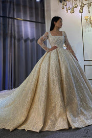 Luxury Long Sleeves Beading Flower V Neck Wedding Dress OS4031