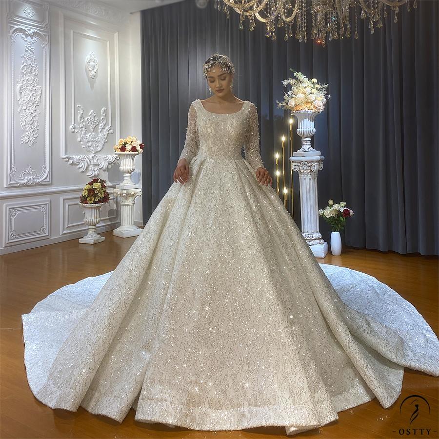 Luxury Long Sleeves Beading Flower V Neck Wedding Dress OS4126 - $1,395.99
