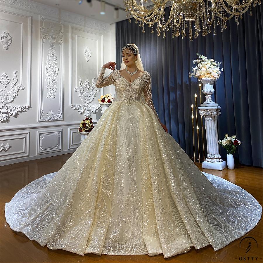 Luxury Long Sleeves Beading Flower V Neck Wedding Dress OS4131 - Wedding & Bridal Party Dresses $1,329.59
