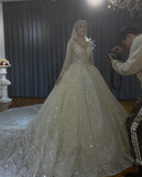 Luxury Long Sleeves Beading Flower V Neck Wedding Dress OS4131 - Wedding & Bridal Party Dresses $1,329.59