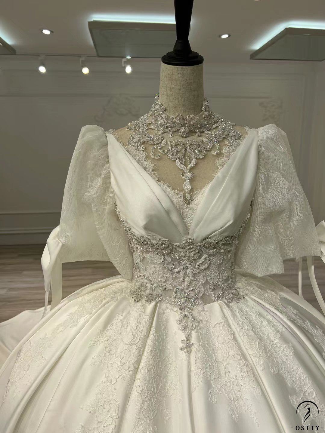 OSTTY - Luxury Satin Embroidered Short Sleeves Wedding Dresses OSL001  $899.99