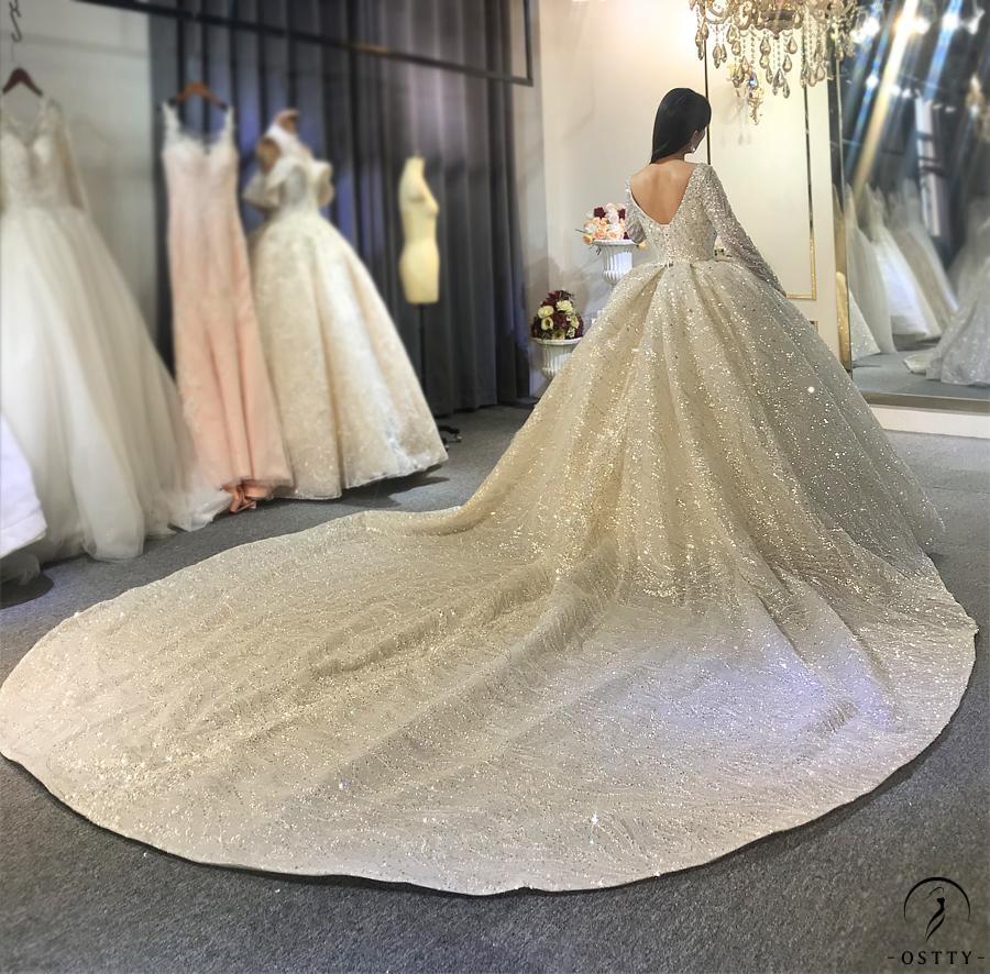Luxury White Wedding Dress Long Sleeve Full Beading Ball Gown - $1,999.99