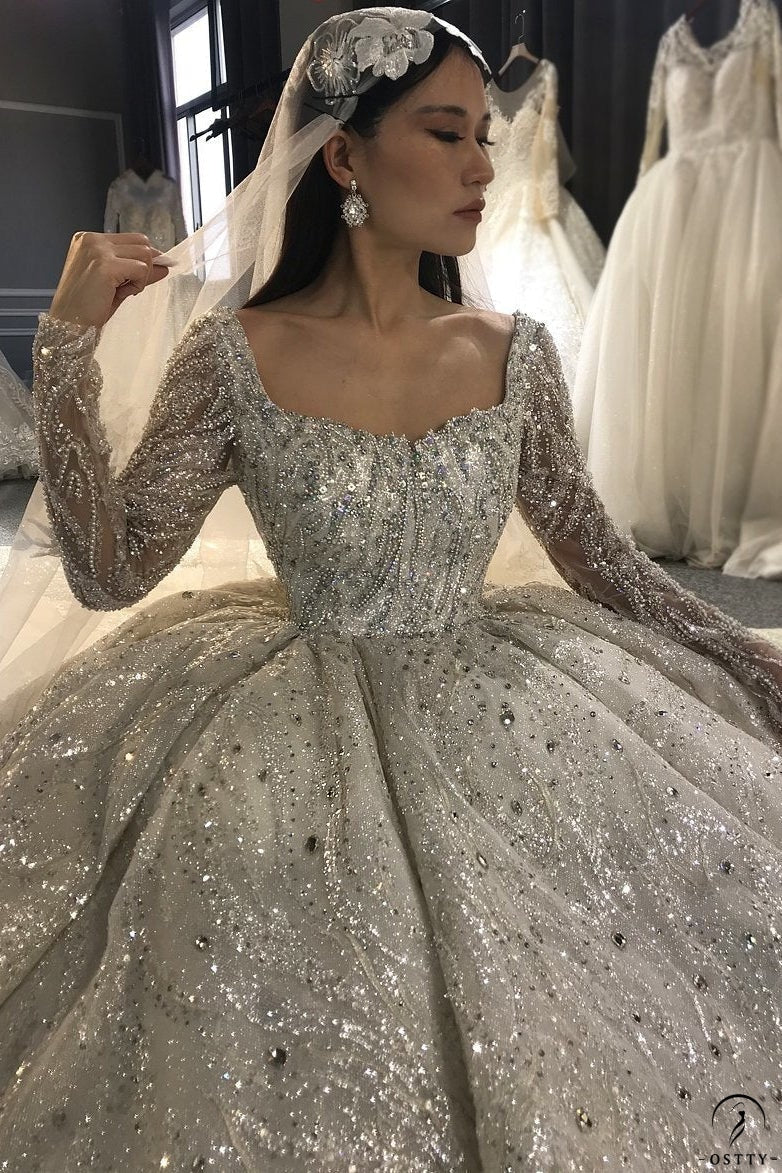 Scalloped Neck Full/Long Sleeve Ball Gown Court Train Tulle Wedding Dress  With Appliqued Lace Rhinestone - Wedding Dresses - Stacees