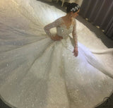 Luxury White Wedding Dress Long Sleeve Full Beading Ball Gown