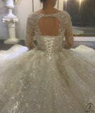 Luxury White Wedding Dress Long Sleeve Full Beading Ball Gown