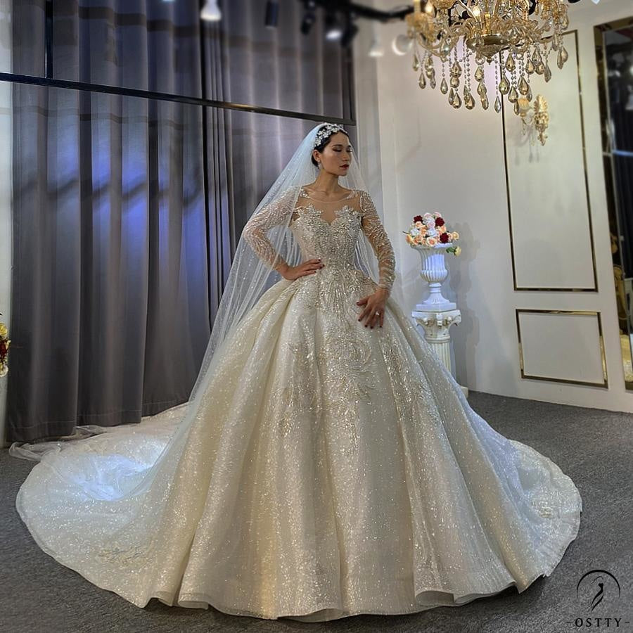 Luxury White Wedding Dress Long Sleeve Full Beading Ball Gown
