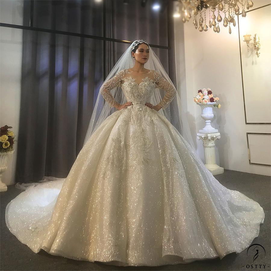 OSTTY - Luxury White Wedding Dress Long Sleeve Full Beading Ball Gown ...