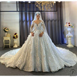 Luxury White Wedding Dress Long Sleeve Full Beading Flower Ball Gown