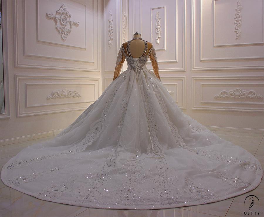 OSTTY - Luxury Champagne Wedding Dress Long Sleeve Hign Neck Full Beading Ball  Gown OS3977 $1,699.99