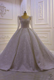 Luxury White Wedding Dress Long Sleeve O Neck Ball Gown Crystal Dresses OS871