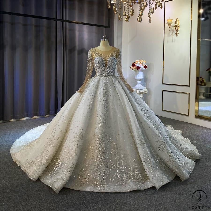 OSTTY - Luxury White Wedding Dress Long Sleeve V Neck Ball Gown Crystal ...