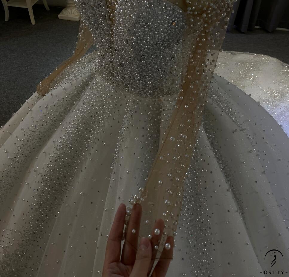Luxury White Wedding Dress Long Sleeve V Neck Ball Gown Crystal Dresses OS4017 - White Wedding Dresses $1,299.99